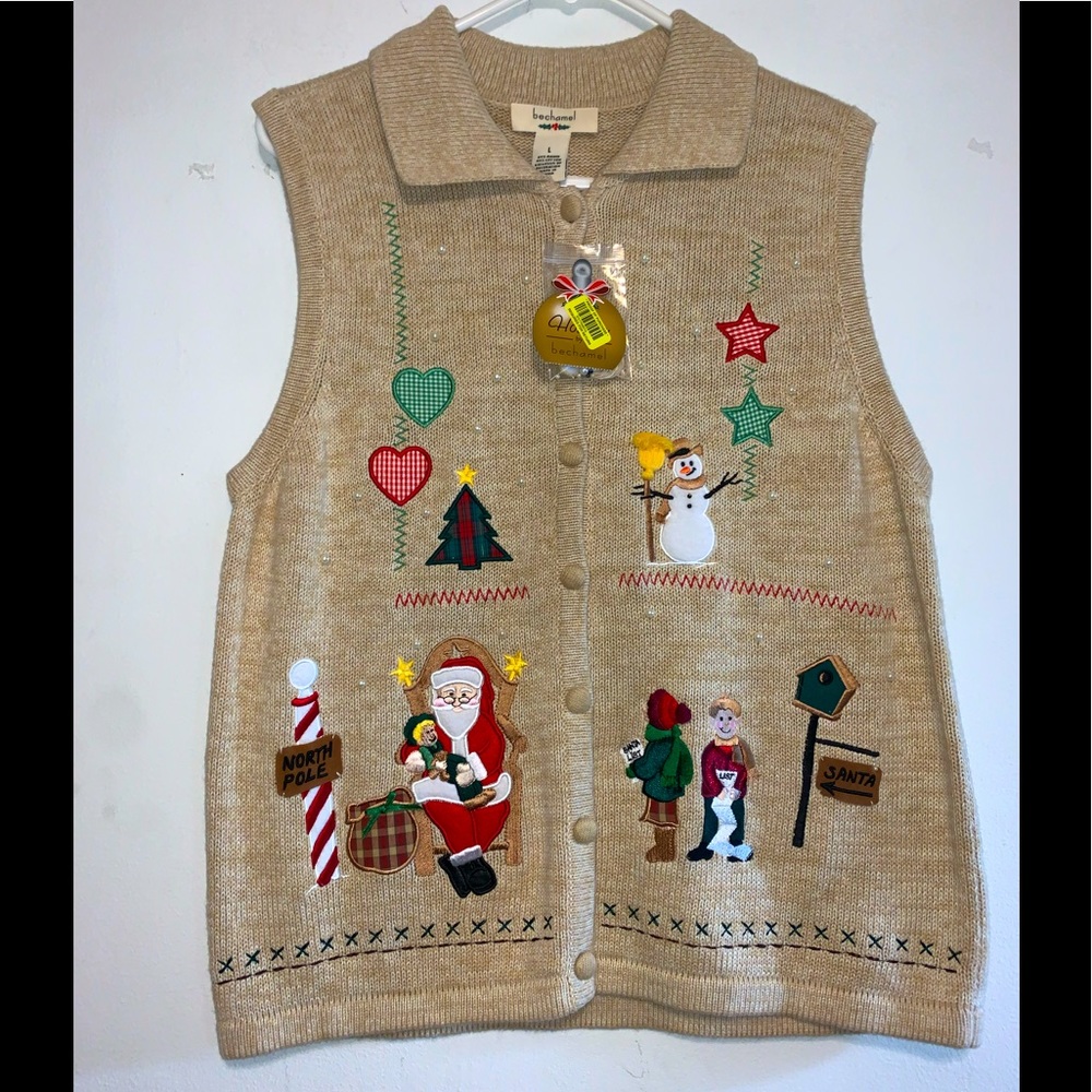 New Bechamel Christmas Button Down Sweater Vest Size Large